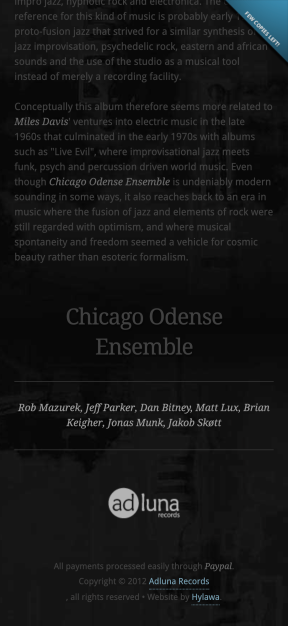 Bas de la page d’accueil du site Chicago Odense Ensemble, affiché sur smartphone.