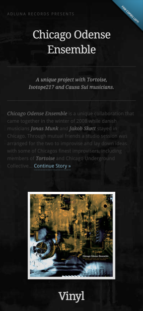 Haut de la page d’accueil du site Chicago Odense Ensemble, affiché sur smartphone.