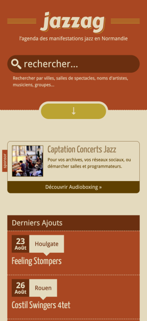 Agenda Jazzag présentant les prochains concerts de jazz, affiché sur smartphone.