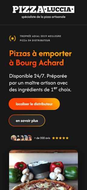 Page dédiée au distributeur Pizza Luccia de Bourg-Achard, affichée sur smartphone.