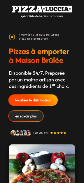 Page dédiée au distributeur Pizza Luccia de Maison-Brûlée, affichée sur smartphone.