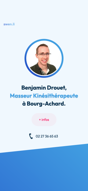Page Swen.li de Benjamin Drouet, kinésithérapeute à Bourg-Achard, affichée sur smartphone.