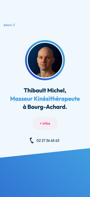 Page Swen.li de Thibault Michel, kinésithérapeute à Bourg-Achard, affichée sur smartphone.